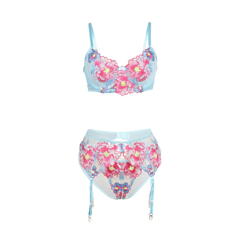 SUBBLIME - 957643 CONJUNTO SUJETADOR Y LIGUERO CON BORDADOS DE FLORES ROSAS S/M